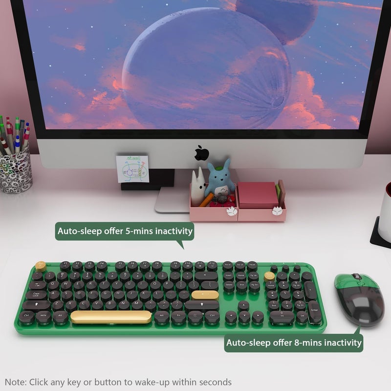 Kootop Wireless Keyboard,Cute Colorful 104 Keys Typewriter Retro Round Keycaps Keyboard for PC Laptop,Desktop,Windows, Home and Office Keyboards (Black Green) - Image 4